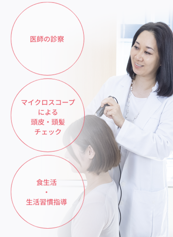 医師の診察。マイクロスコープによる頭皮・頭髪チェック。食生活・生活習慣指導