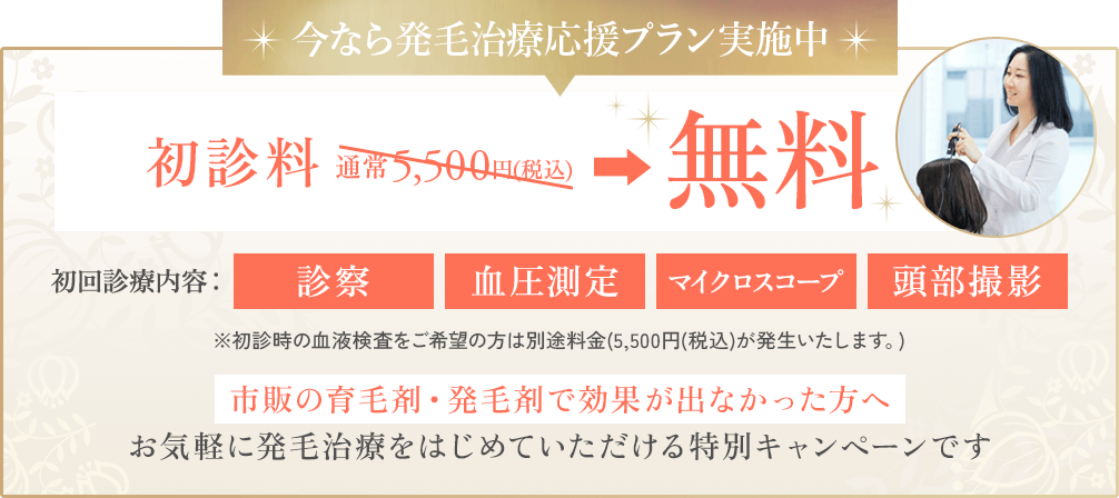 今なら発毛治療応援プラン実施中！初診料無料！初回診断内容：診察、血圧測定、マイクロスコープ。初診時の血液検査をご希望の方は別途料金（5,500円）が発生いたします。