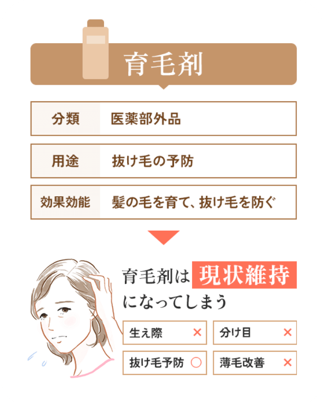 育毛剤：医薬部外品　育毛剤は現状維持になってしまう。生え際×　分け目×　抜け毛予防〇　薄毛改善×