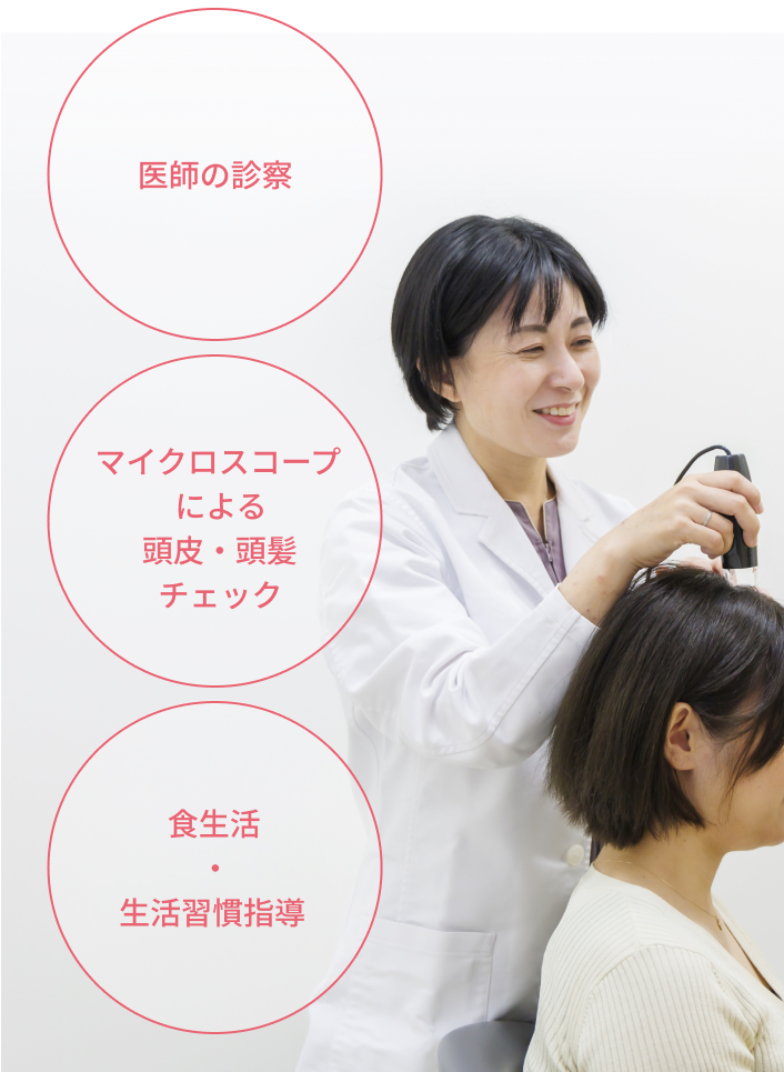 医師の診察。マイクロスコープによる頭皮・頭髪チェック。食生活・生活習慣指導