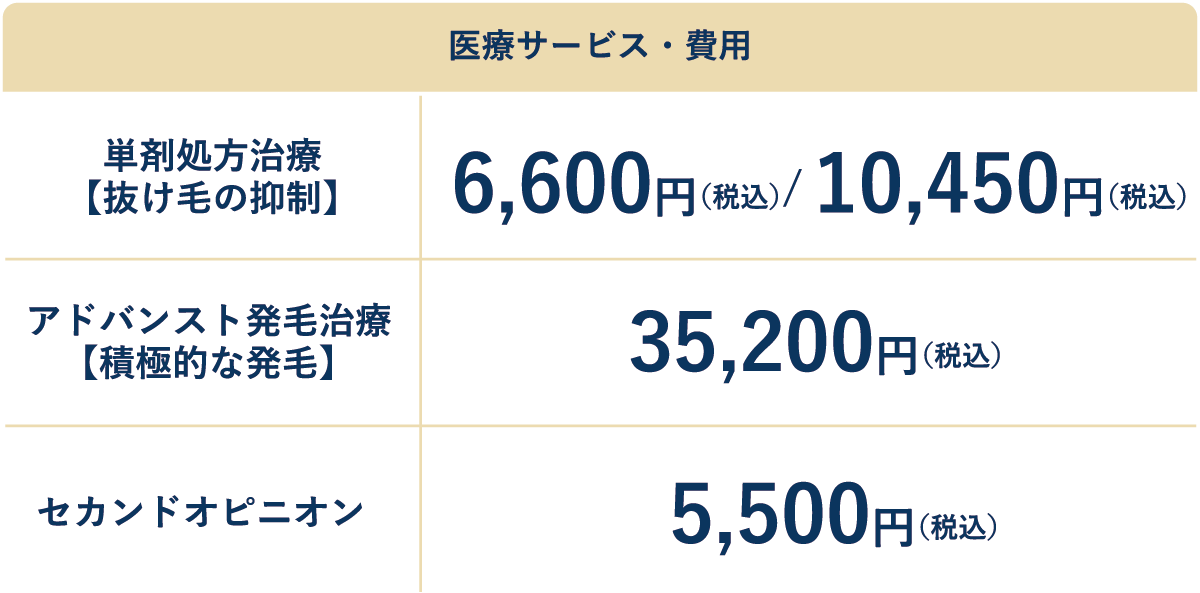 単剤処方治療：6600円/10450円　アドバンスト発毛治療：35,200円　セカンドオピニオン：5,500円