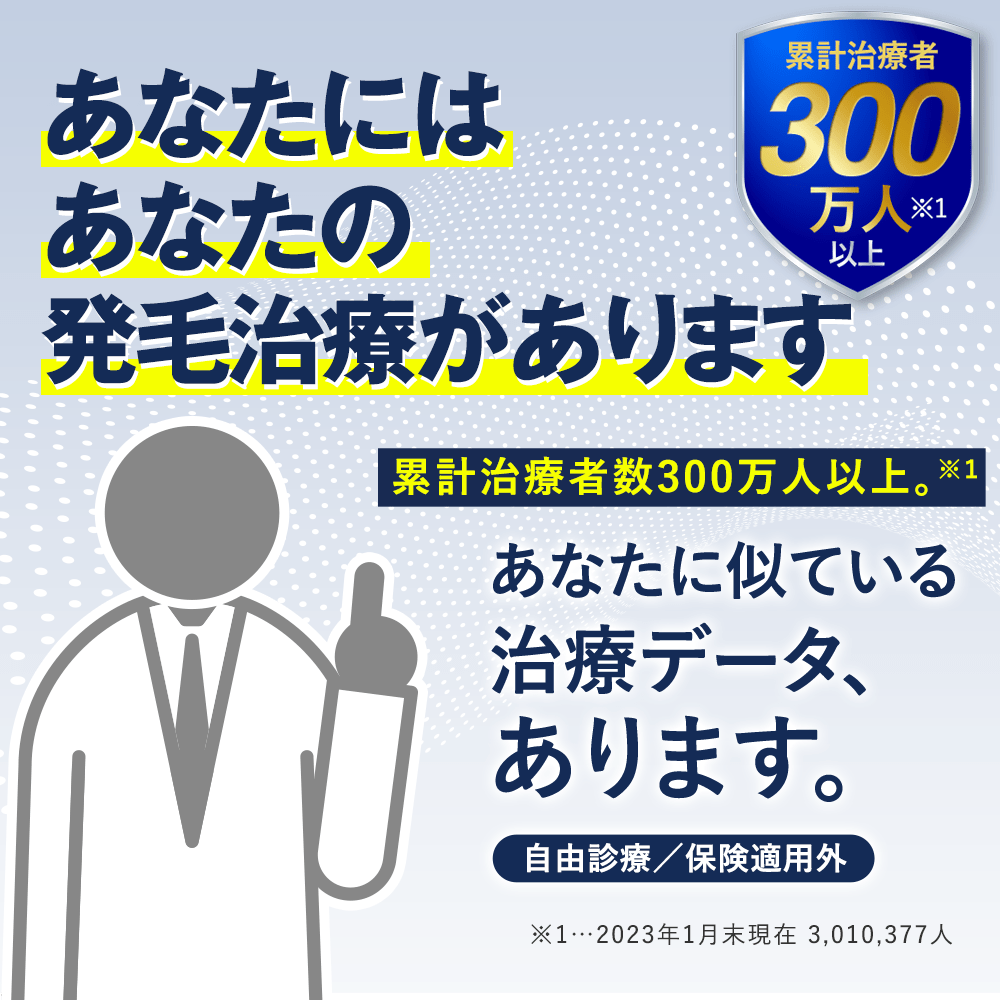 あなたにはあなたの発毛治療があります。累計治療患者数300万人以上。あなたに似ている治療データ、あります。(自由診療／保険適用外)