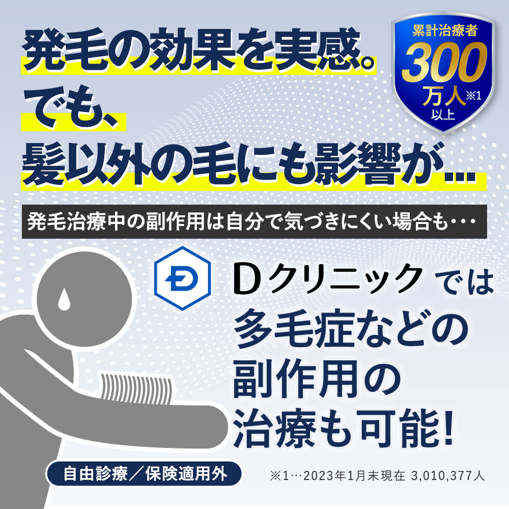 発毛の効果を実感。でも、髪以外の毛にも影響が…発毛治療中の副作用は自分で気づきにくい場合も・・・Dクリニックでは多毛症などの副作用の治療も可能！(自由診療／保険適用外)